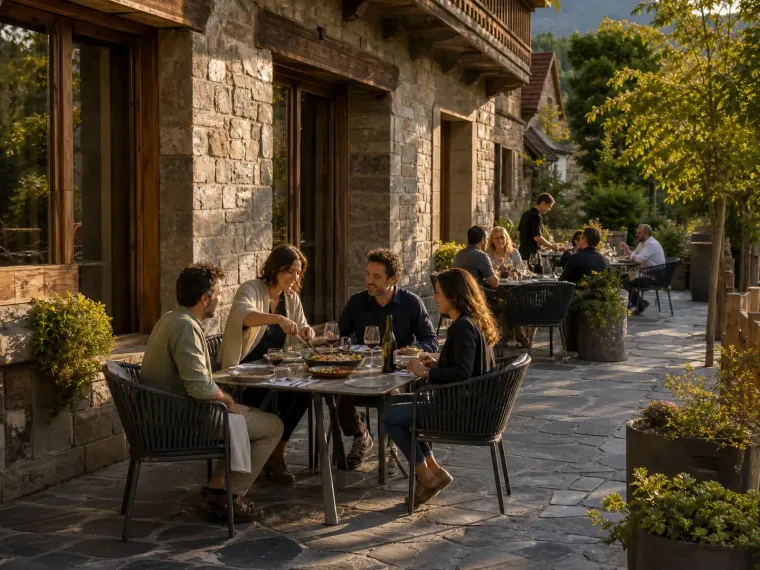 Amigos compartiendo una mesa en la terraza al atardecer