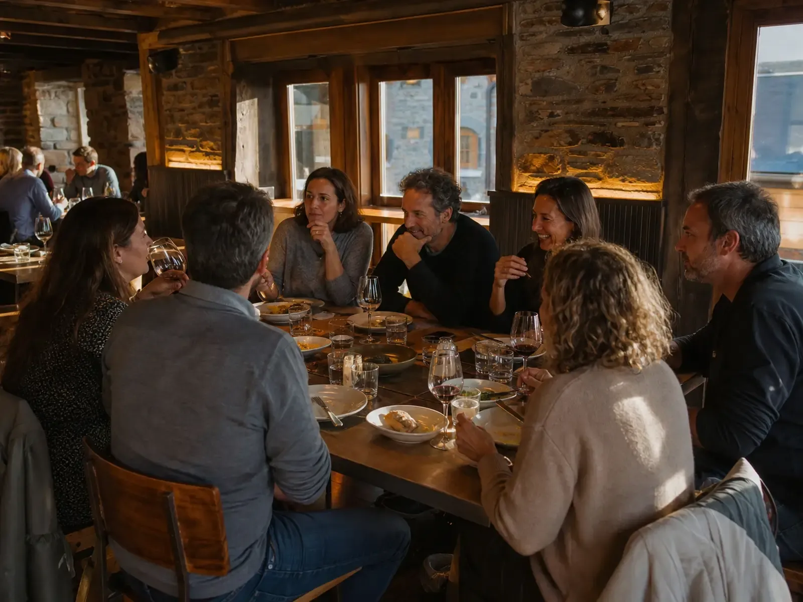 Un grupo de amigos comparte una comida junto a los ventanales del restaurante.