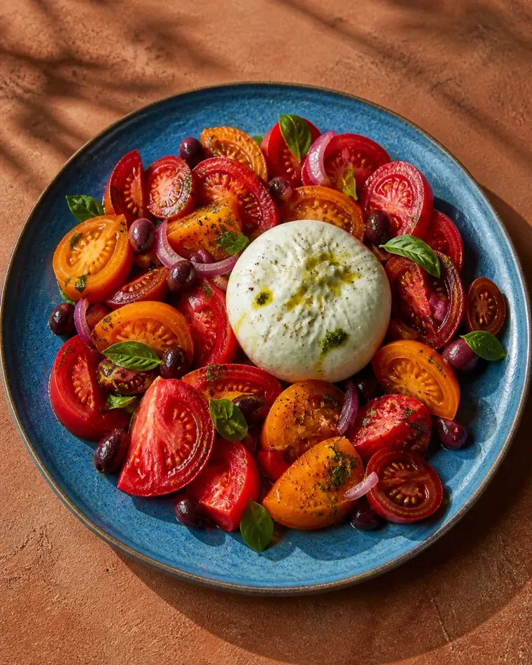 Tomates con burrata y albahaca en un plato