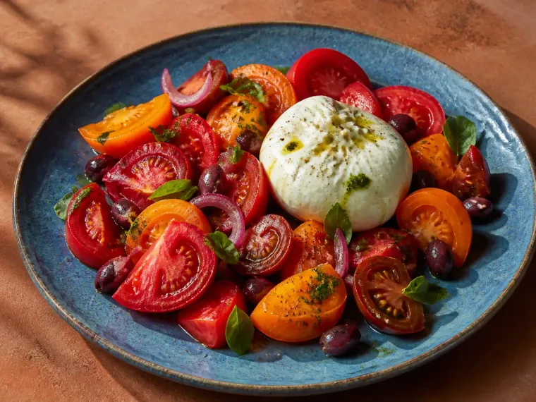 Tomates con burrata y albahaca en un plato