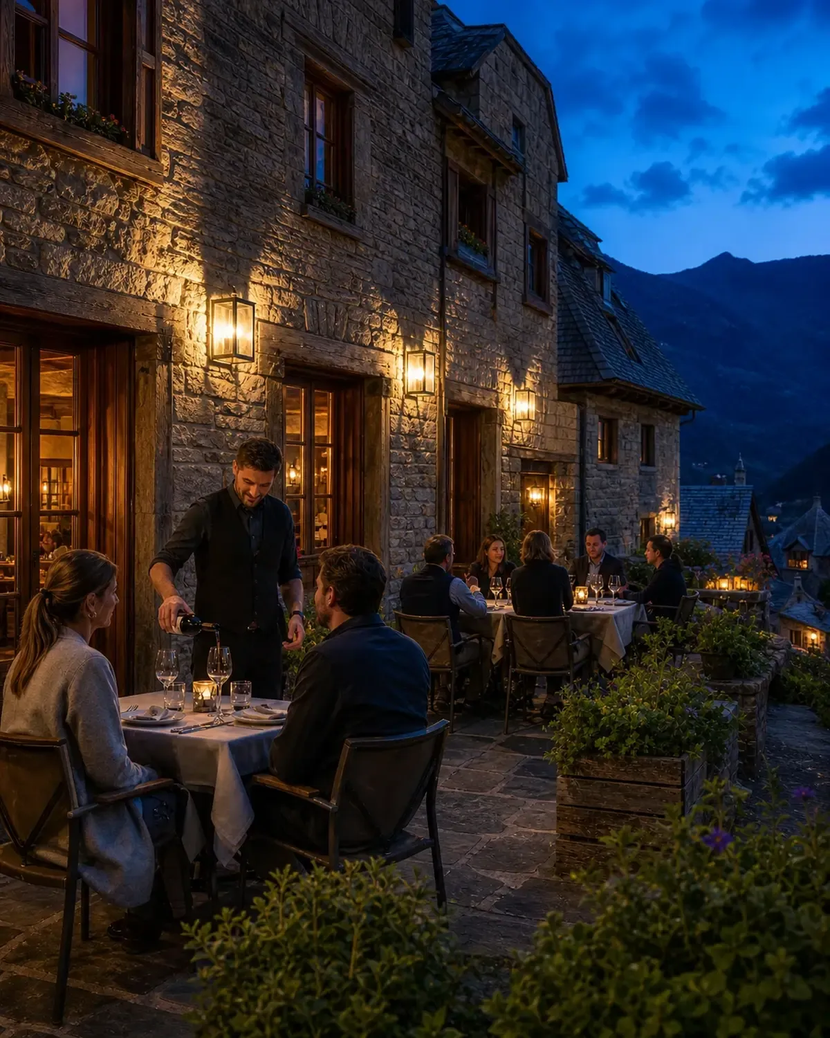 Una pareja comparte una mesa en la terraza al anochecer mientras un camarero sirve vino.