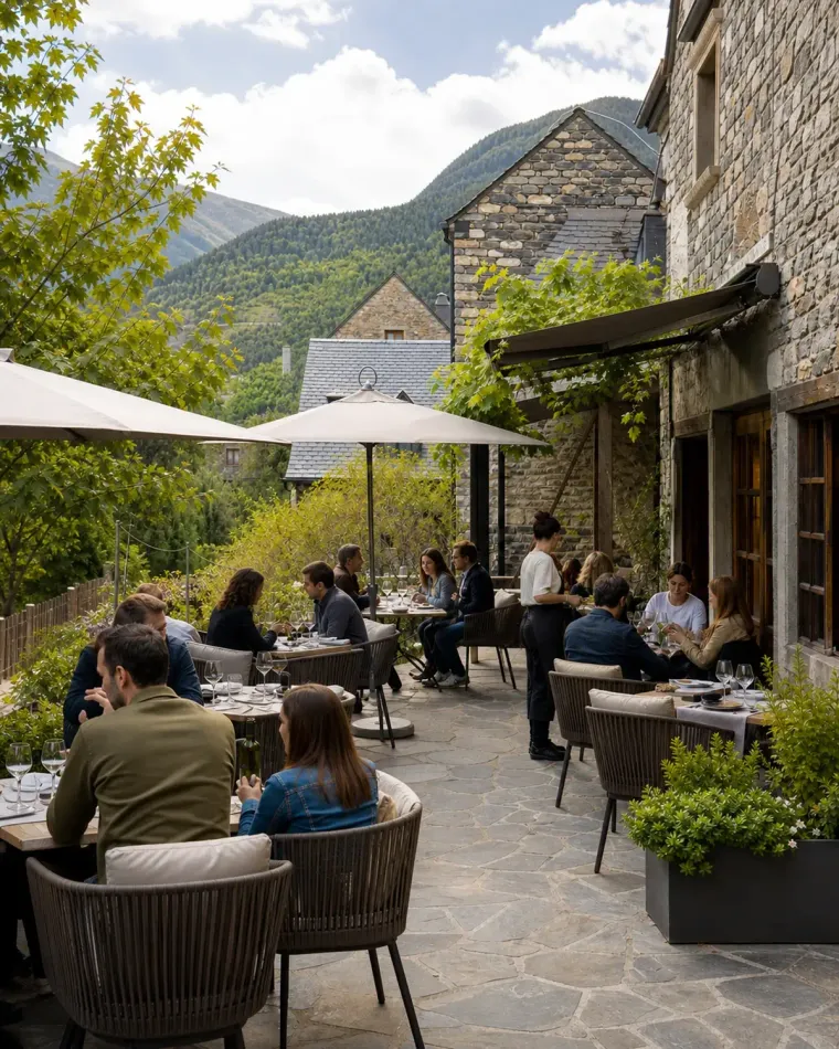 Terraza del restaurante y paisaje de montaña